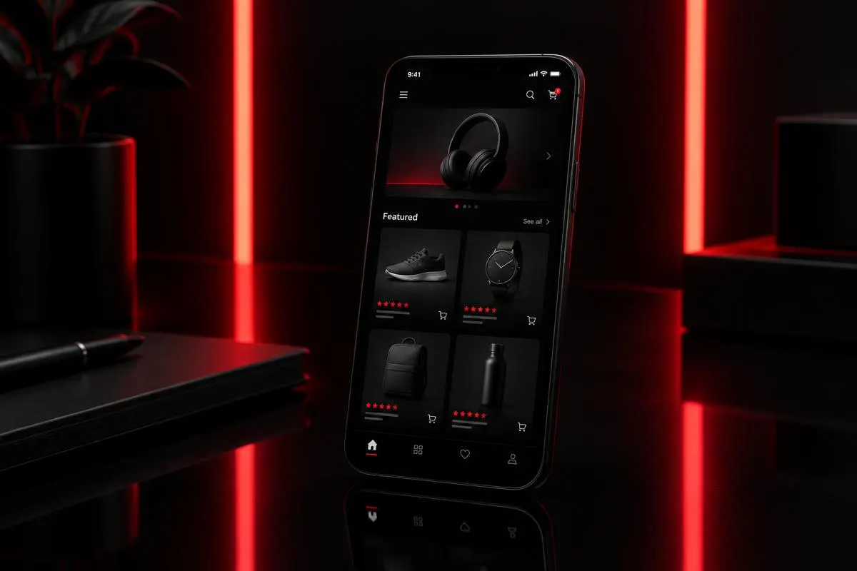 Concept of a dark e-commerce shop shown on a smartphone
