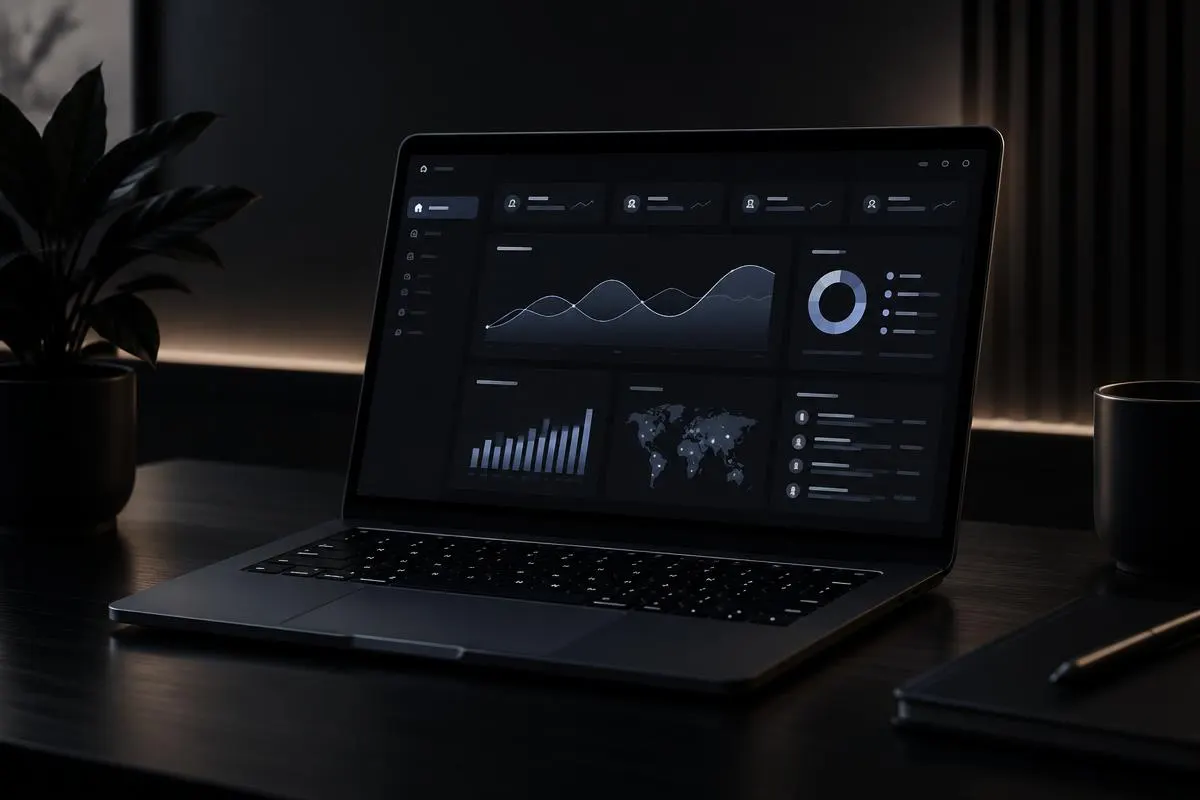 Concept of a dark SaaS analytics dashboard on a laptop